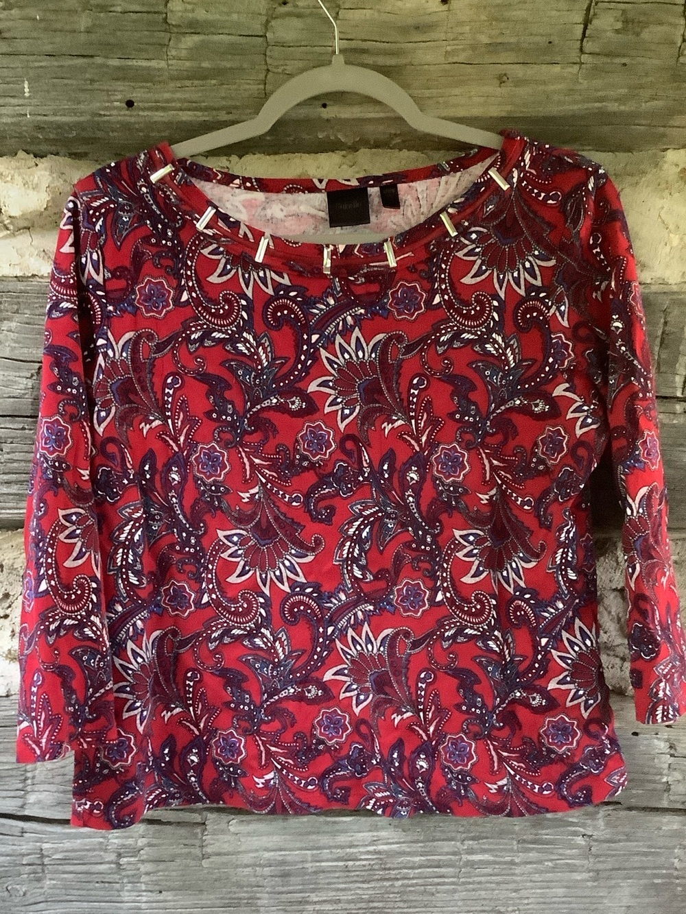 Rafaella Red Paisley Long Sleeve Scoop Neck Top - Picture 2 of 8
